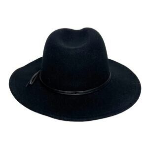 ANN TAYLOR Short Brim Hat 100% Wool Felted Brimmed Leather Trim Black Size M/L